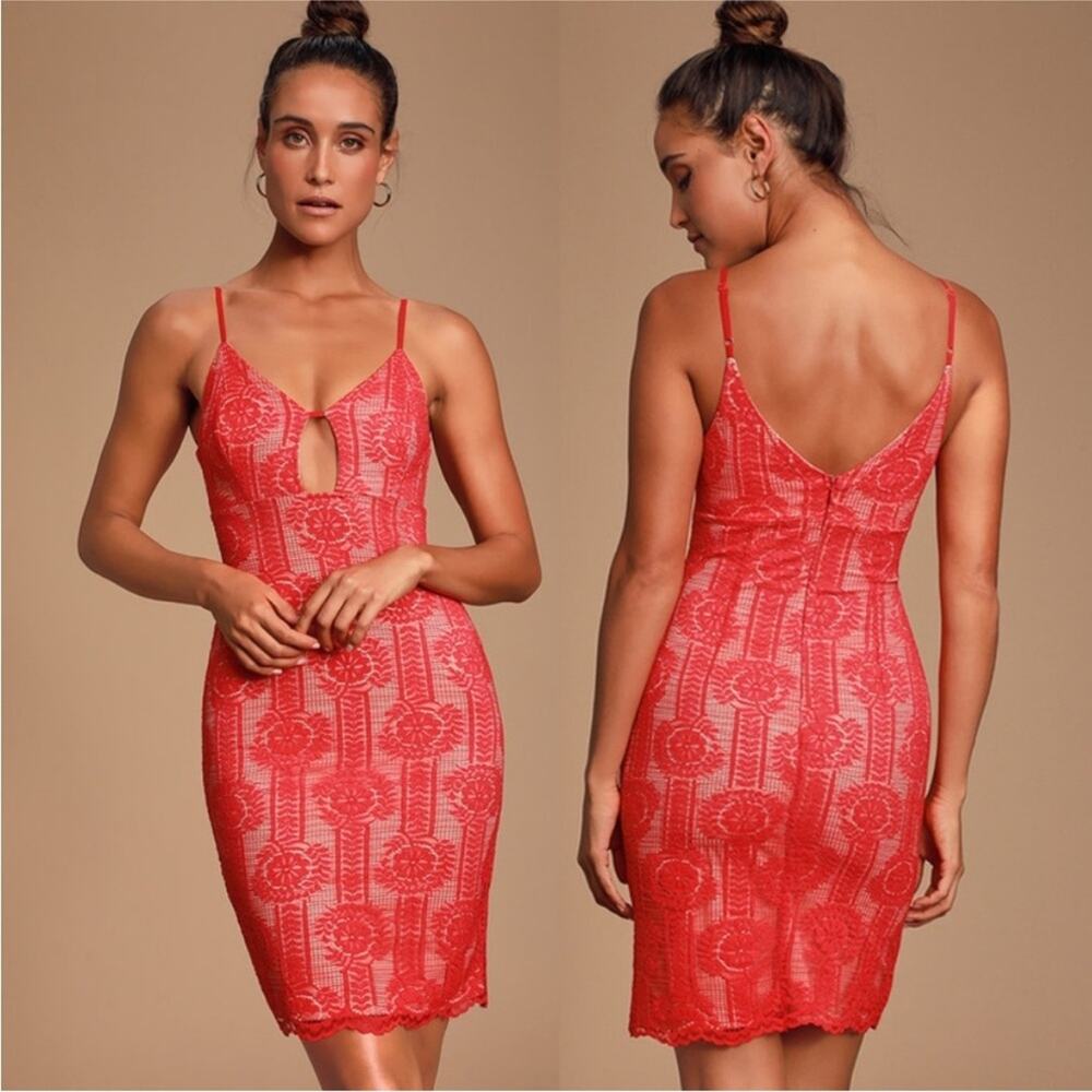 Lulu’s Avianna Red & Nude Lace Bodycon Dress Size Medium